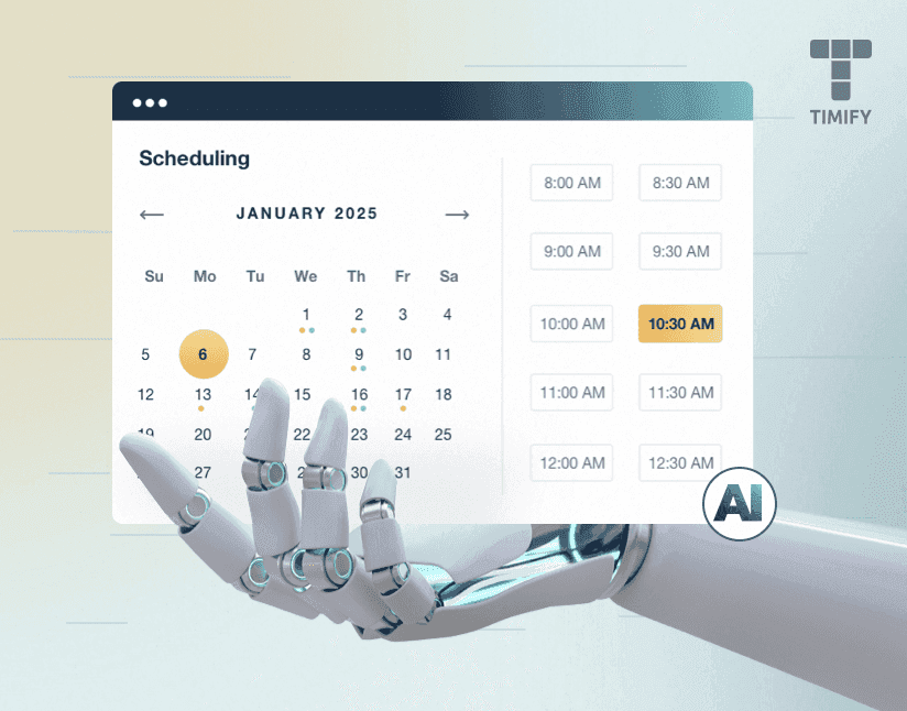 AI-assisted scheduling interface showing a calendar and appointment times
