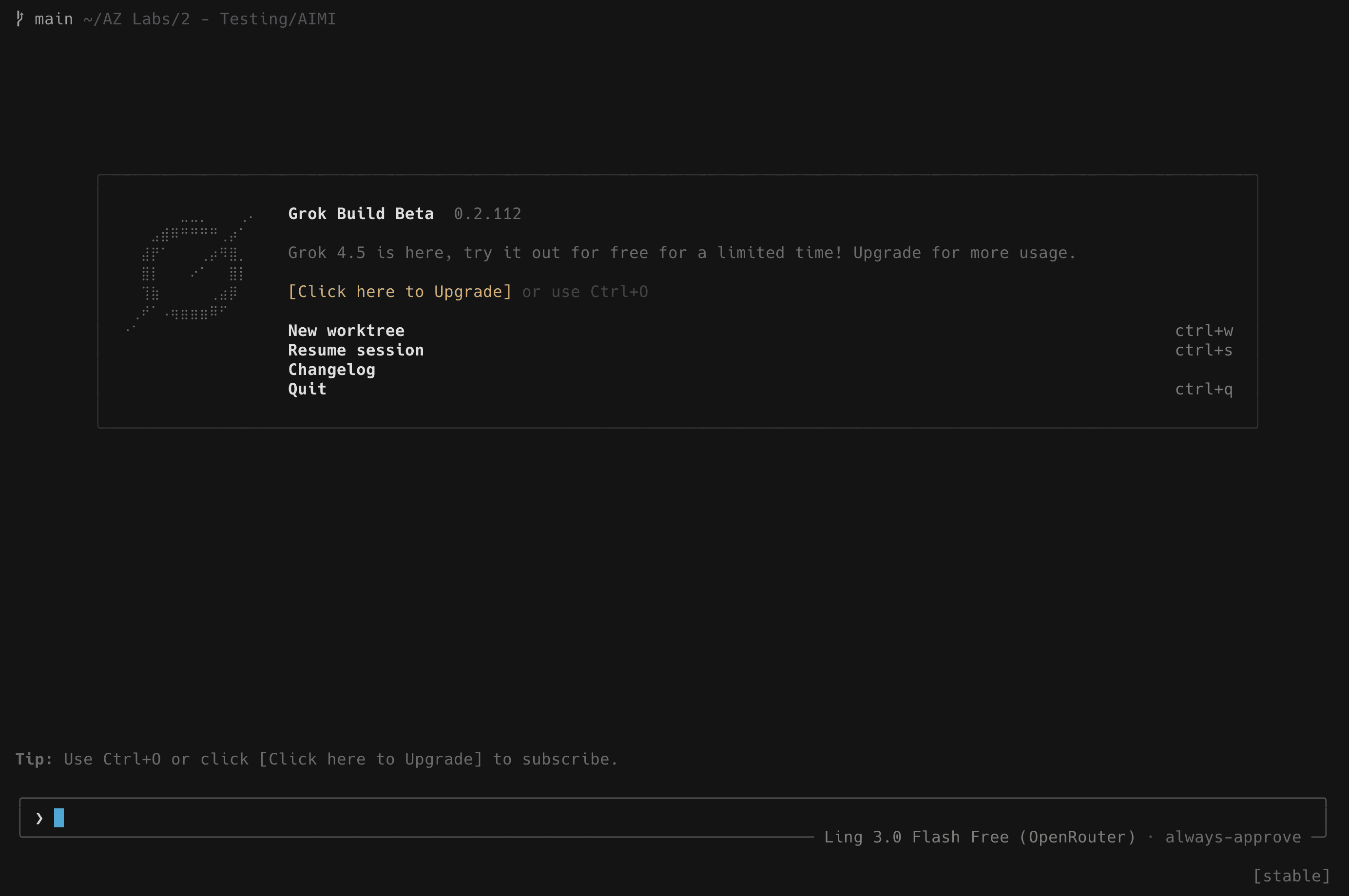 Grok Build model picker showing Ling 3.0 Flash Free in the AIMI project workspace