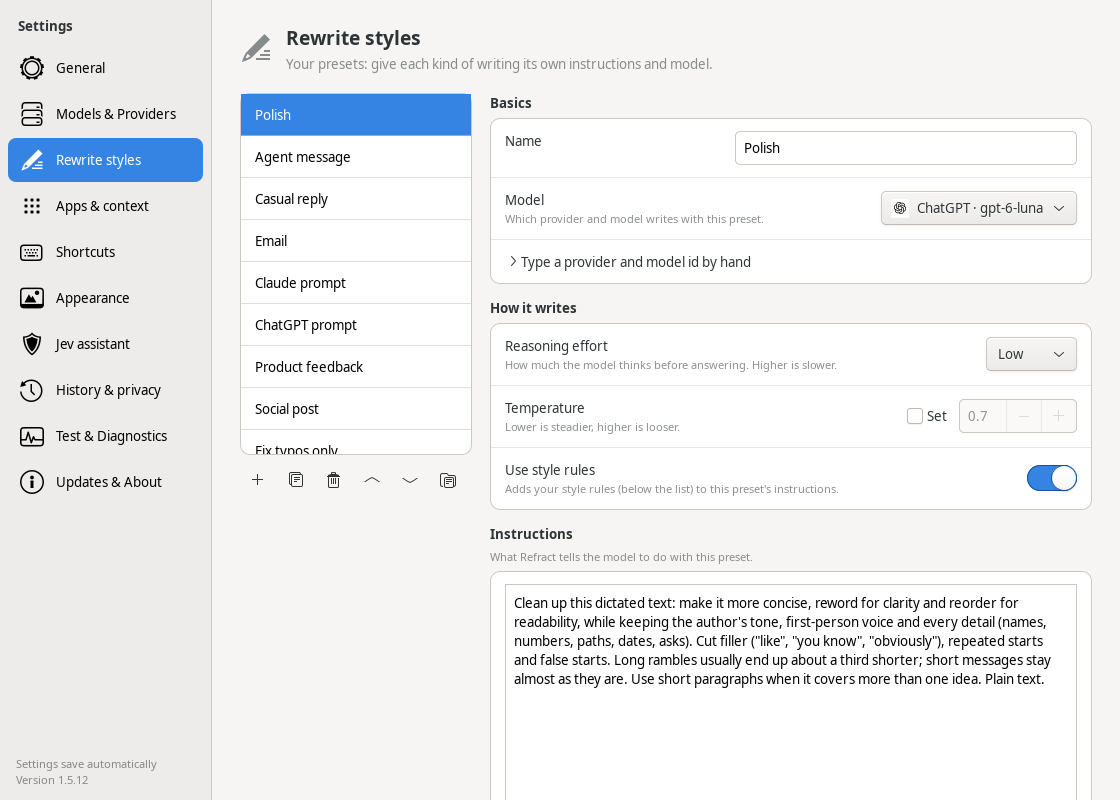 Current Refract Rewrite styles settings on Linux with GNOME