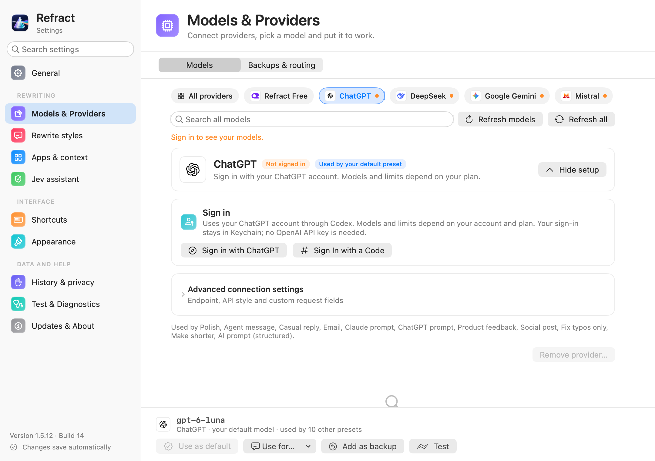 Current Refract Models and Providers settings on macOS