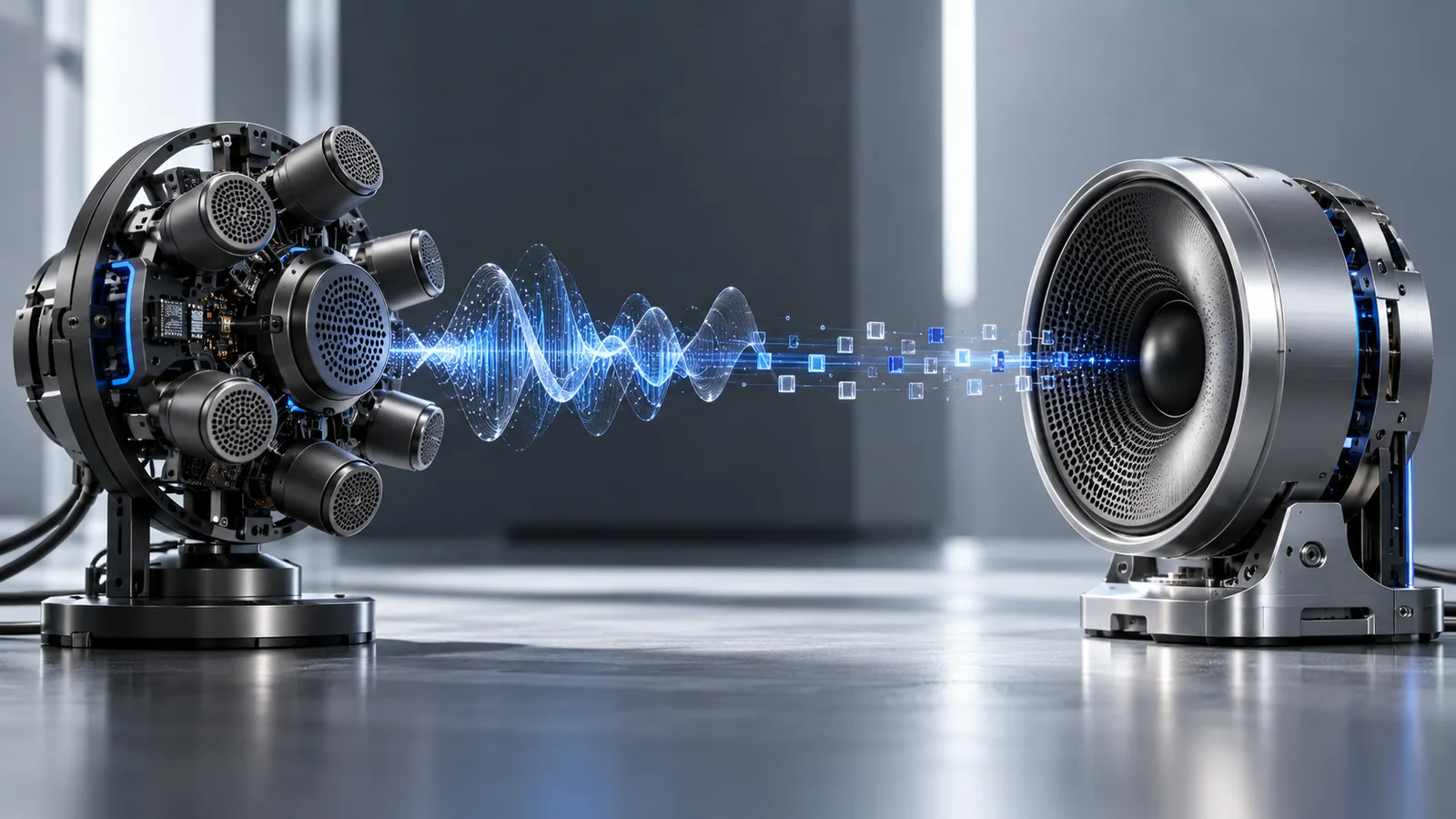 A microphone array and directional speaker linked by an acoustic waveform and data packets