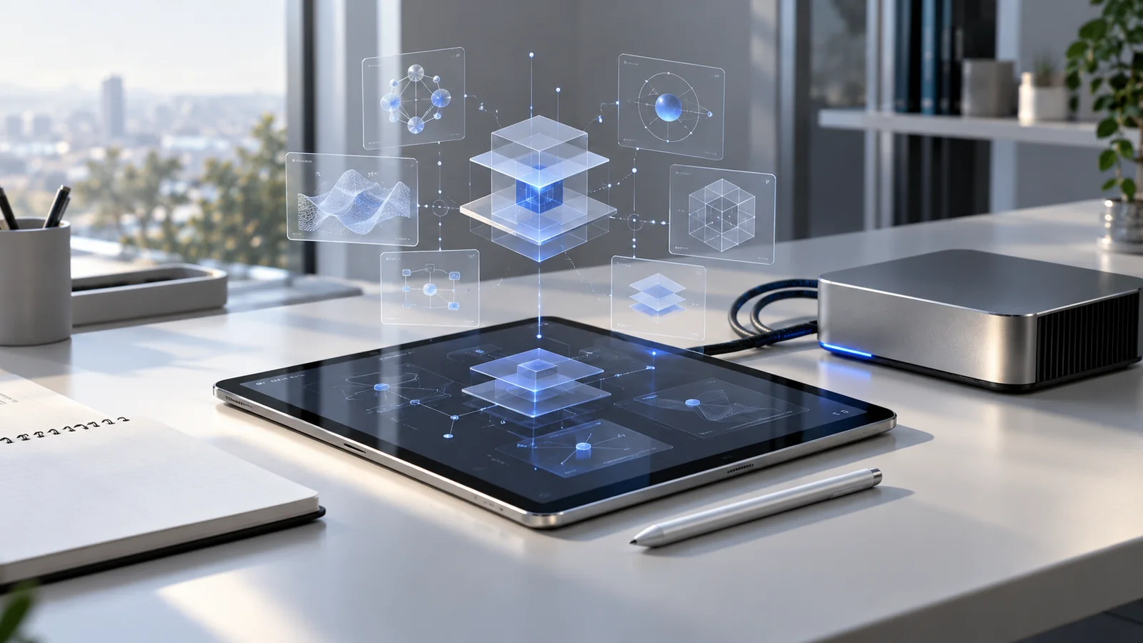 A tablet and intelligent-compute module connected to translucent learning diagrams