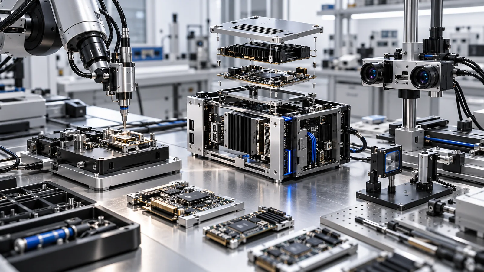 Modular computer prototypes, optical sensors and precision probes on a technology research bench