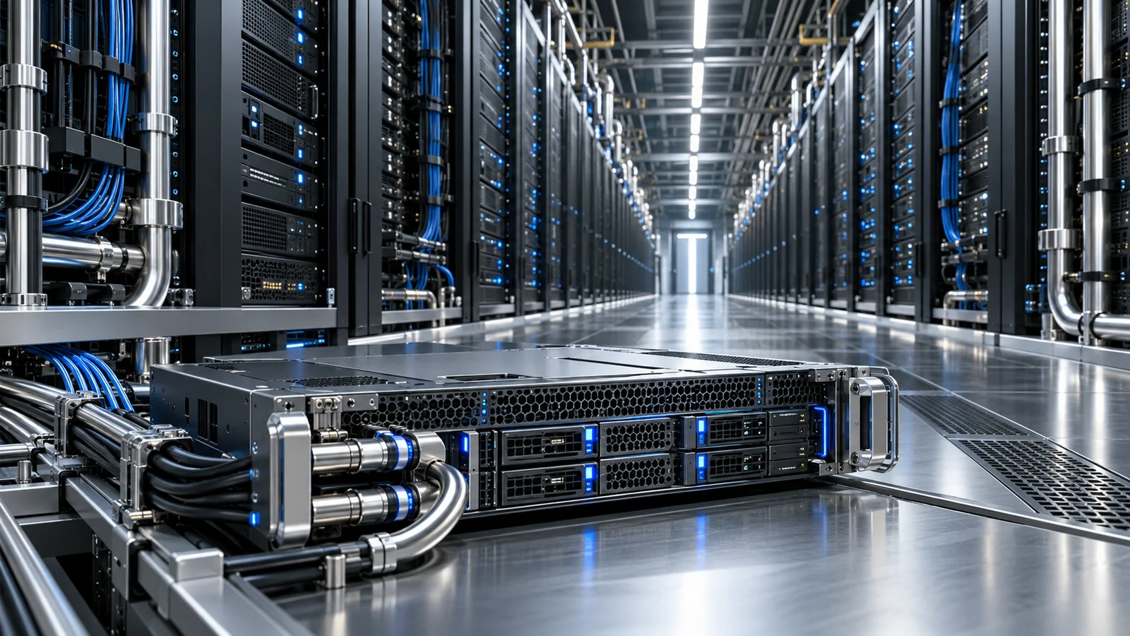 Precision server racks, liquid-cooling pipes and fibre connections in an AI data centre