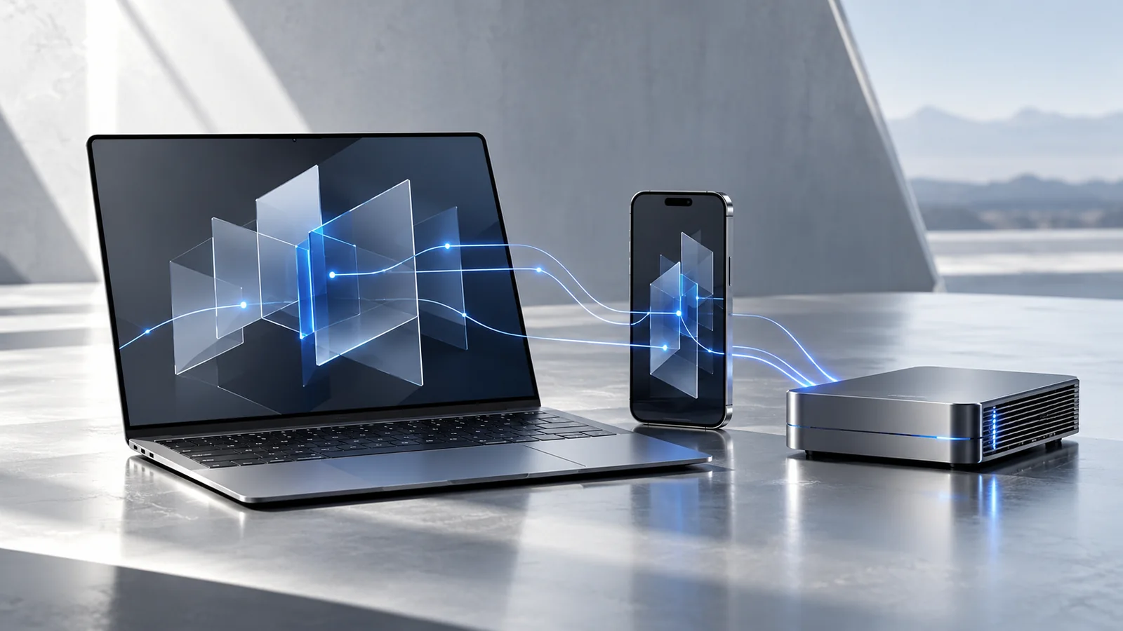 A laptop, phone and edge-compute device connected by fine blue data routes