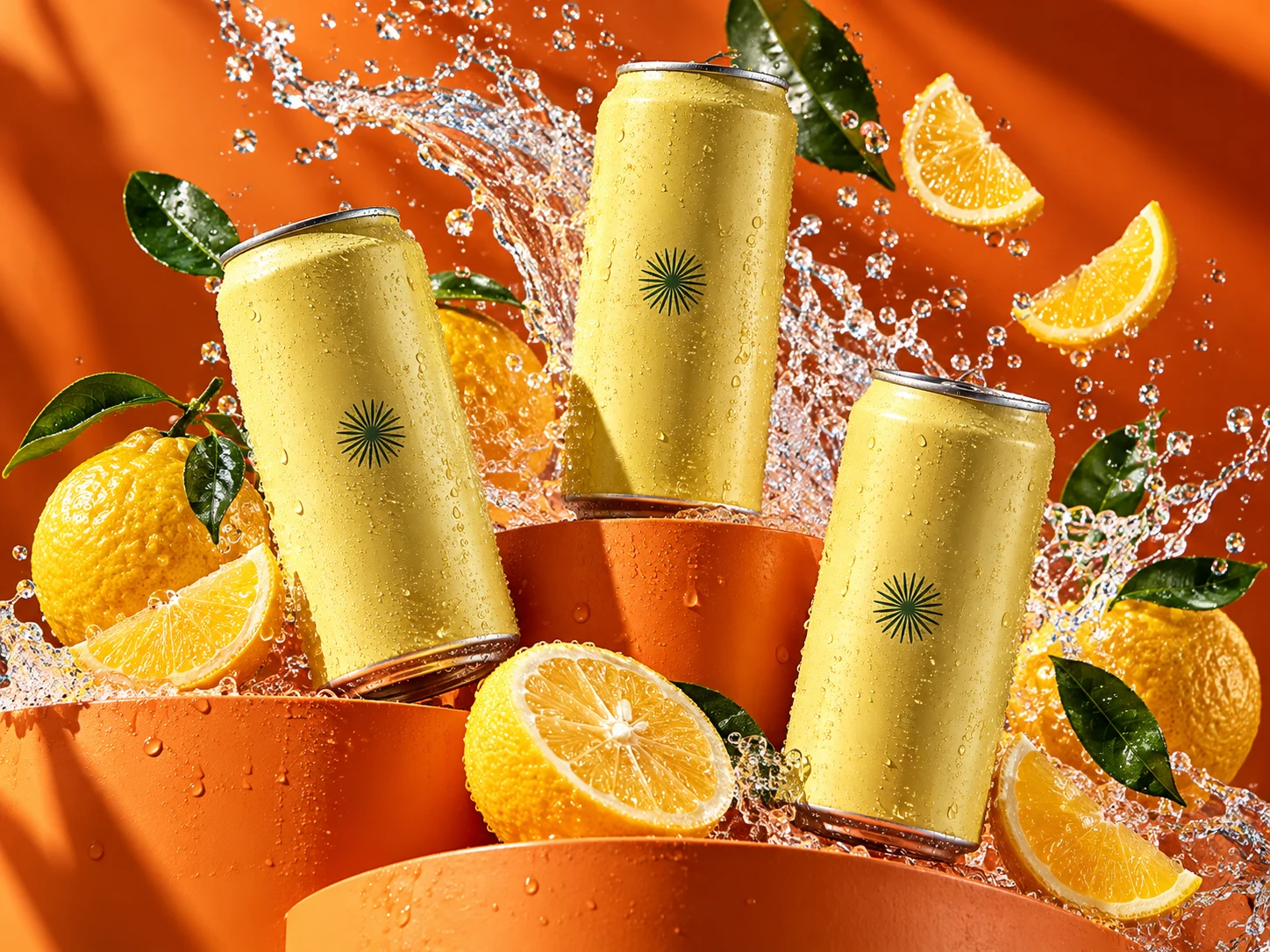 Sun / soda campaign. A drinks campaign with citrus, bold colour and suspended water.