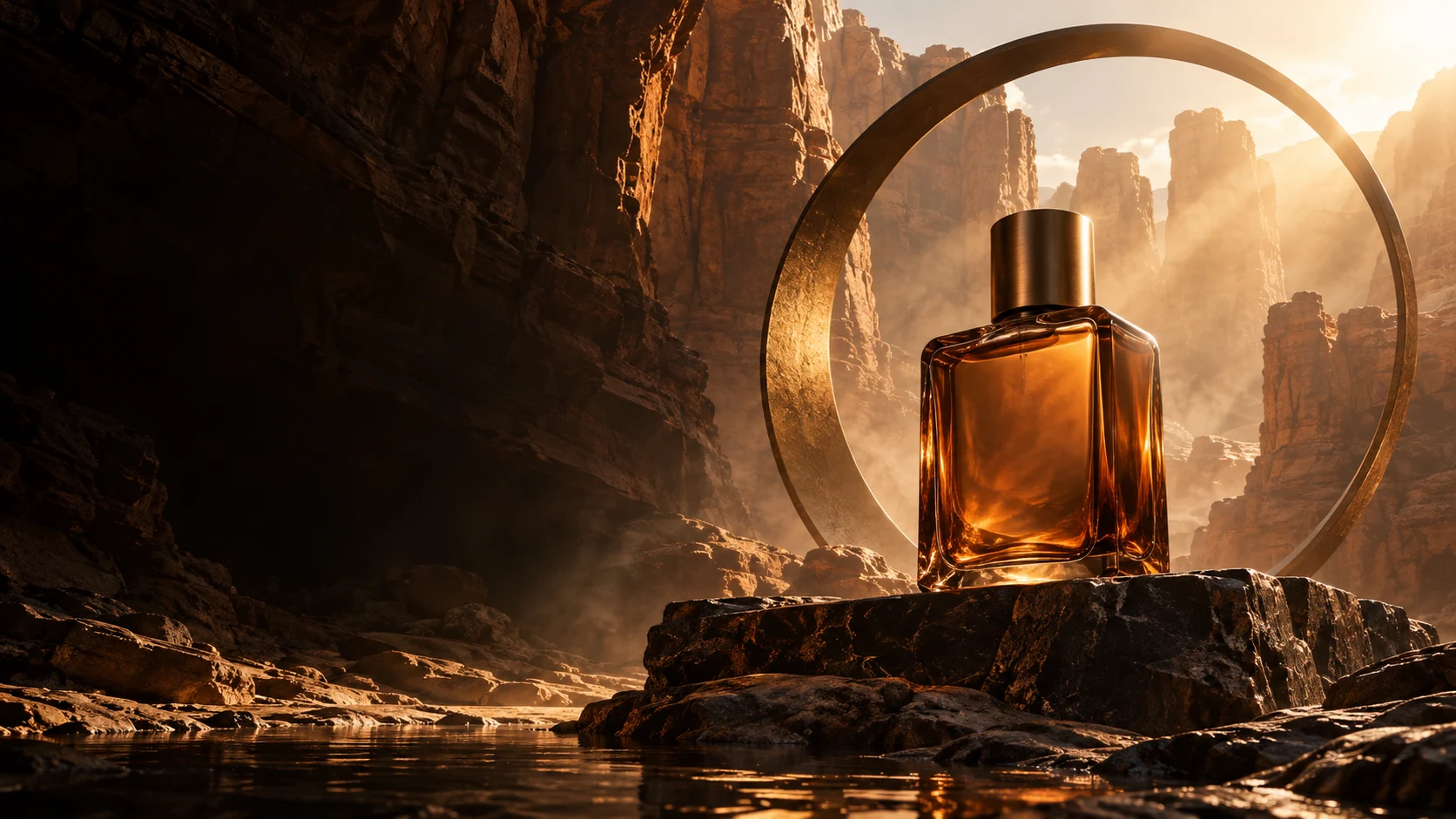 Eclipse fragrance campaign. A fragrance campaign with amber glass and monumental sandstone.