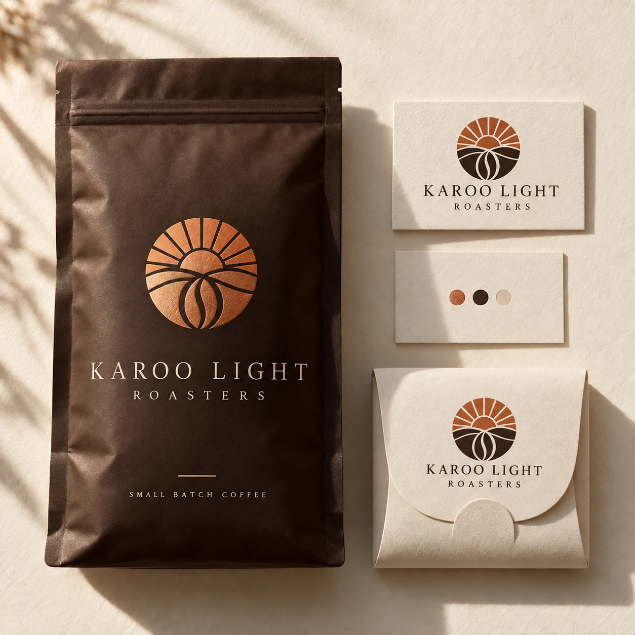 Coffee packaging and stationery. A matching coffee pouch, business cards and paper sleeve.