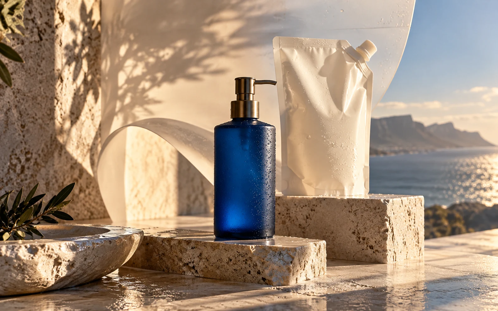 Retail key visual. A skincare campaign with sculptural packaging and warm natural light.